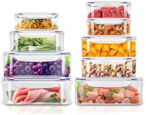 Image of KICHLY Airtight Plastic Food Containers with Lids, 18 piece, BPA-Free, Leakproof Food Storage lunch box, Stackable Meal Prep Set for Kitchen & Pantry Storage Organization, Blue (9 Containers, 9 Lids)