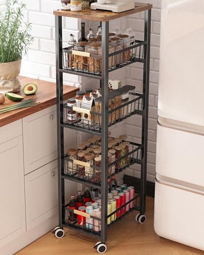 Image of Ornestia Vegetable Rack with Wooden Top,5-tier kitchen Storage Trolley,Vegetable Trolley on Wheels for Kitchen, Pantry, Office (40cm*30cm*107cm -Black)