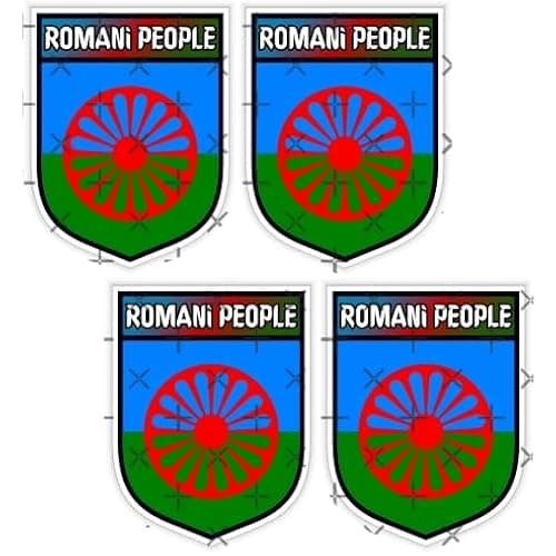 Image of Romani People Shield 50mm (2.0") StickersWorld Vinyl Decals Bumper Stickers (x4) – Roma, Sinti, Kale, Vlax, Dom, Manouche – International Romani Community Flag Crest Emblem