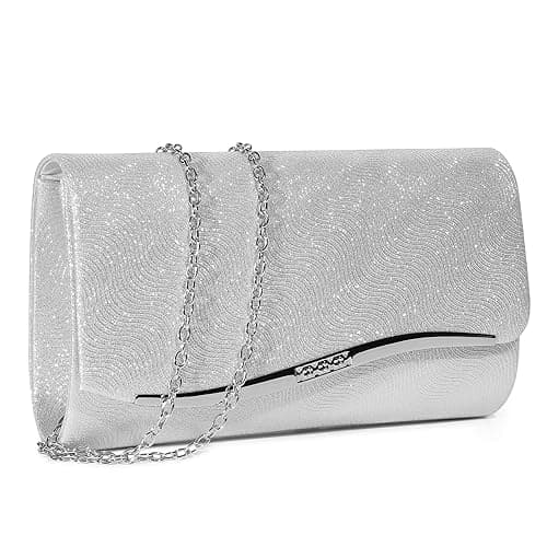 Image of UBAYMAX Evening Clutch Bag for Women, Silver Sparkly Handbag With Removable Chain for Wedding, Prom, Formal Dress - Ladies Bride Party Purse