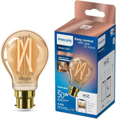 Image of Philips Smart Wiz Connected Vintage LED Light Bulb, B22, Dimmable, 640 Lumens, Tunable, Warm White or Cool White, Alexa and Google Compatible, App and Voice Control