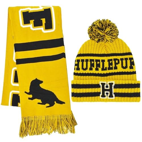 Image of Concept One Women's Harry Potter Beanie Hat and Scarf Set, Hogwarts Collegiate Winter Knit Cap with Cuff and Pom, Hufflepuff, One Size