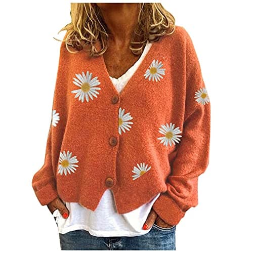 Image of HULKAY Women's Floral Print Long Sleeve V-Neck Sweaters Button Down Ribbed Cuffs Knit Cropped Cardigan Sweater Orange
