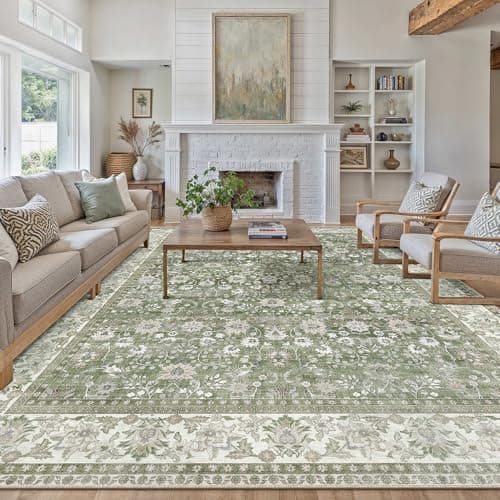Image of PureCozy Vintage Area Rug Living Room Extra Large 240x300 cm Machine Washable Non Slip XXL Rugs for Kitchen Bedroom Dining Room Home Office, Soft Low Pile Carpet for Indoor Home Decor,Green