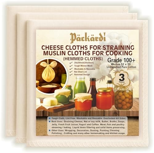 Image of Grade 100+ PACKARDI Cheesecloth Pack of 3 Muslin Cloths for Cooking 50x50 cm, Reusable and Washable Cheese Cloths for Straining, 100% Unbleached Pure Cotton Cloth Ultra-Fine Cheese Cloth for Baking
