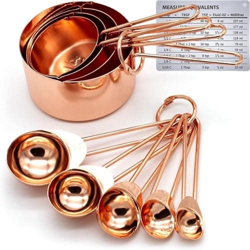 Image of Copper Stainless Steel Measuring Cups and Spoons Set 9-Piece with Engraved Measurements, Pouring Spouts, and Mirror Polished Finish Ideal for Baking