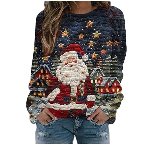 Image of Christmas Jumpers Christmas Jumpers for Women Ladies Santa Claus Xmas Tree Snowman Printed Sweatshirt Cute Funny Hilarious Ugly Sweater (d-Black, XXXL)
