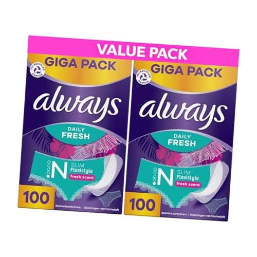 Image of Always Flexistyle Slim Pantyliners - 200 Liners (2 Packs of 100 ) Big Pack Ultra‑Thin Breathable Panty Liners Fresh Scent adapts to All Styles