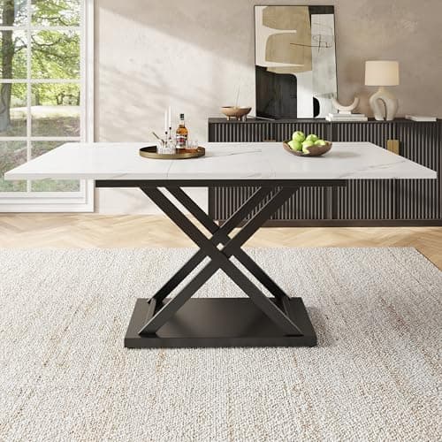 Image of BTM Modern Dining Table 4-6 Extendable Square Marble Kitchen Table for Small Spaces white+Black