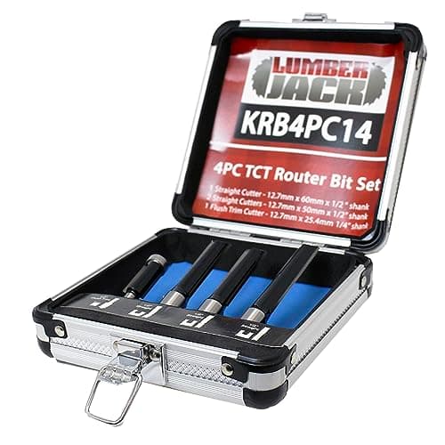 Image of LUMBER JACK 4pc Kitchen Fitter Router Bit Set, Tungsten Carbide Fluted Blades, Wood Laminate Worktop Straight Cutter Flush Trimming Tools, Hardened Steel Long Life
