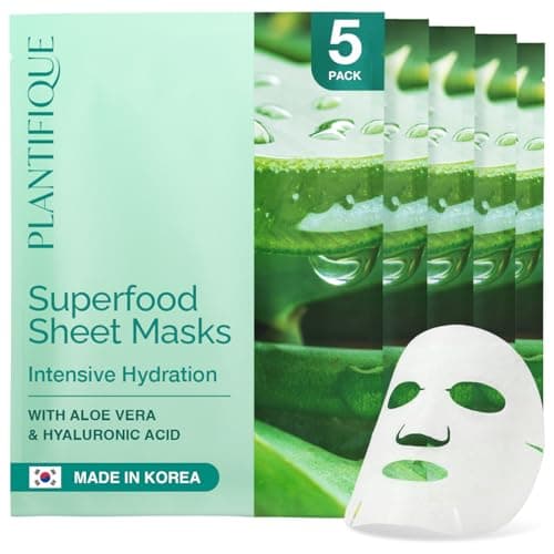 Image of PLANTIFIQUE Facial Sheet Mask Hydration Heaven 5 pack – Aloe Vera & Hyaluronic Acid Hydrating & Refreshing Face Masks – Korean Skincare for Dry or Tired Skin
