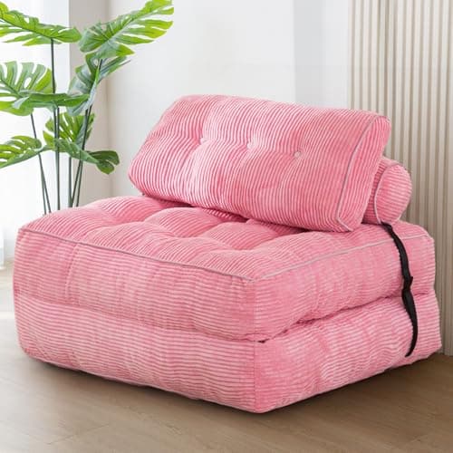 Image of MAXYOYO Folding Sofa Bed, Convertible Sleeper Chair with Pillow Foldable Mattress with Back Support, Portable Fold Out Chair Bed Comfy Floor Sofa Lounge for Living Room Bedroom, Pink