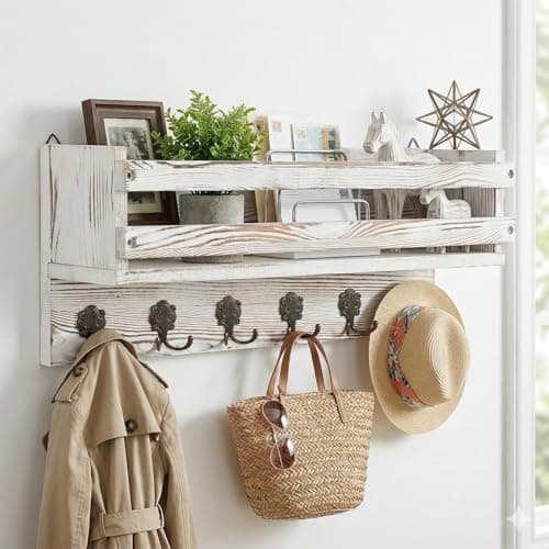 Image of Bekrvio Pine Wood Coat Hooks Wall Mounted with Shelf and 6 Hooks, Wall Storage Cabinet Unit for Entryway, Hallway, Kitchen or Living Room, 58 × 13.5 × 22 CM