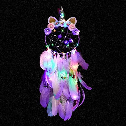 Image of SoulQool Unicorn Dream Catcher with Lights,Colorful Feather Handmade Dream Catchers Flowers for Bedroom Wall Hanging Decor (Purple with colorful lights)