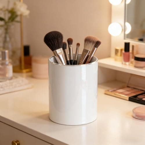 Image of RQB Metal Pen Holder for Desk Round Aluminum Desktop Organizer and Makeup Brush Holder Storage Box for Office, School, Home Non-slip silicone bottom (White)