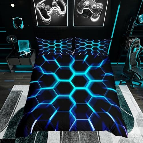 Image of Homewish Boys Honeycomb Bedding Double for Kids Teens Bedroom - Teal Blue Hexagon Geometric Duvet Cover Black Reversible - 3D Beehive Pattern Quilt Cover Ultra Soft Bed Sets with 2 Pillowcases