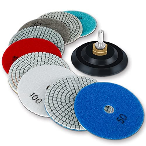 Image of 11Pcs Diamond Polishing Pads Kit, 4 inch 100mm Wet/Dry Diamond Polishing Pads for Granite Stone Concrete Marble Polishing, 50#-6000# Hook & Loop Backing Holder Disc for Polisher & Grinder(A)