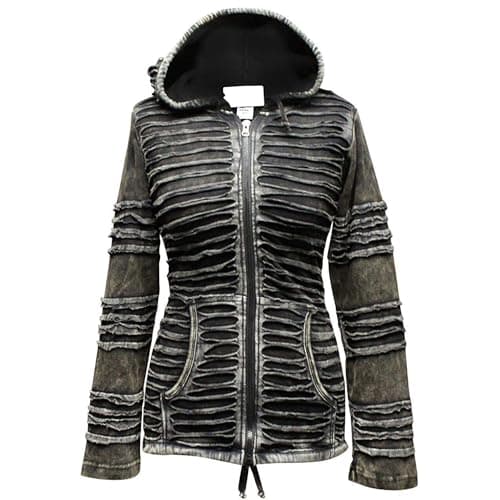 Image of SHOPOHOLIC FASHION Women's Gothic Style Stone Washed Hippie Razor Cut Zip Up Hoodie Jacket, Black, XL