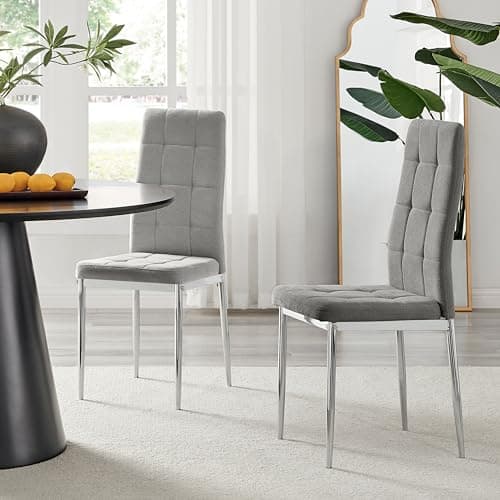 Image of Furniturebox UK Pair of Paloma Grey Fabric Dining Chairs - Upholstered Modern Tall Back Chairs with Silver Metal Legs - Square Button Tufted Seat - Contemporary Dining Room Furniture