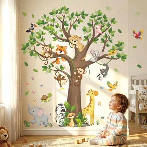Image of DECOWALL Large Tree Jungle Animals Wall Stickers Removable Safari Zoo Decals for Kids Bedroom Nursery Playroom Décor (SG4-2504)