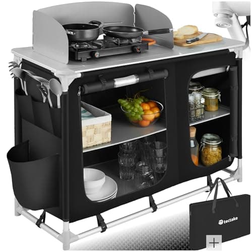 Image of tectake® Portable Camping Kitchen with 4 Internal Shelves, 3 External Pockets, Heat-Resistant Worktop & Zipped Door - Outdoor Storage Cupboard with Lightweight Aluminium Frame, Incl. Carry Bag - Black
