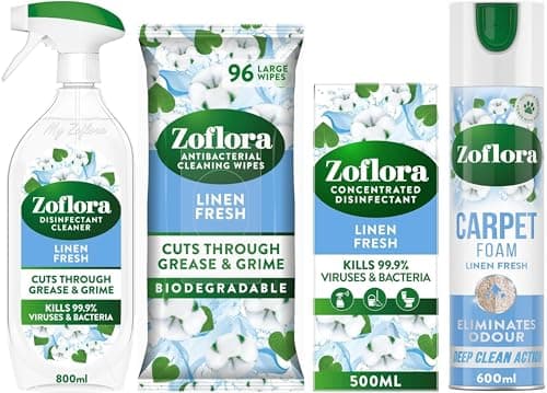 Image of Zoflora Linen Fresh Bundle - Multipurpose Disinfectant Trigger Spray, 1 x 800ml, Concentrated Disinfected Liquid 500ml, Biodegradable Wipes & Fresh Carpet Freshener & Care Foam 600ml (One of each)