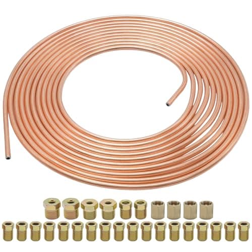 Image of MospdyGear 3/16" Brake Line Kit 32.8ft (10m) with 28 Copper-Plated Fittings, Steel Brake Pipe for Automotive Brake, Hydraulic Systems