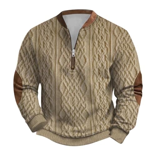 Image of Generisch Men's Chunky Knit Pullover Sweatshirt with Zip, Long Sleeve, Printed, Collarless, khaki, M