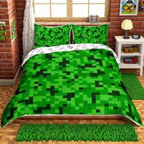Image of feelingyou Green Pixelated Miners Gamer Bedding Set King Size,Video Games Duvet Cover Set for Kids Boys Girls Teens Room Decor,Cartoon Gamepad Modern Geometric Check Quilt Cover,2 Pillowcases