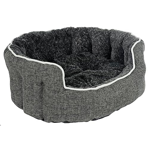 Image of HIGHLAND PET QUALITY PET PRODUCTS Oval Dog Bed Sofa Luxury Linen Fabric Plush Cushion Scallop Sides Grey - Medium
