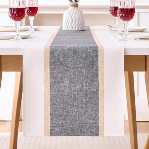 Image of Grey Striped Table Runner 33x183 Rustic Outdoor Waterproof Cotton Linen Boho Table Runner Modern Style For Holiday Parties Wedding Events Dinner Home Decor