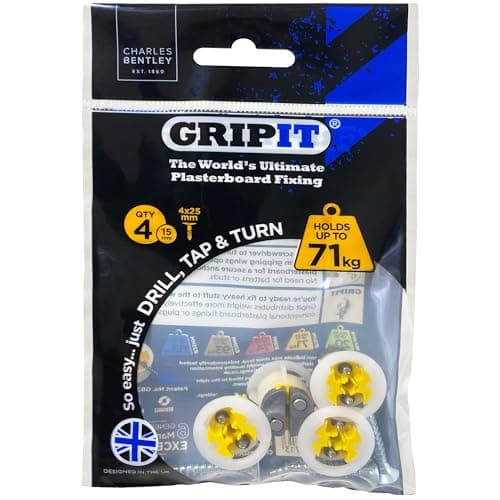 Image of Gripit Yellow Plasterboard Fixings - Pack of 4 - Heavy Duty Plasterboard Fixings for Drywall & Stud Walls, Holds Up to 71kg - Ideal for Blinds, Curtains, Mirrors & Frames - Easy Install & UK Designed