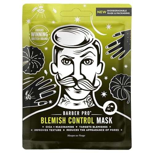 Image of BARBER PRO BLEMISH CONTROL Mens Face Mask Bamboo Sheet Facial Hydration Prevent Breakouts & Improve Skin Texture Cica & Niacinamide Natural Vegan Skincare 100% Biodegradable Multi Award Winning Brand