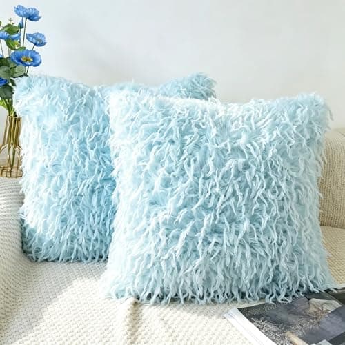 Image of OYIMUA Duck Egg Blue Cushion Covers 40cm x 40cm Pack of 2 Fluffy Pillowcases Neutral Decorative Cushions Soft Faux Federn Throw Pillow Covers 16x16 Square Pillows