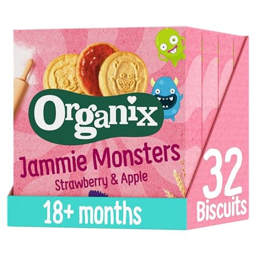 Image of Organix Jammie Monsters Strawberry & Apple Biscuits, Organic Toddler Snack, 18+ Months, Multipack, 8 x 8 g Biscuits Per Box (4 Boxes Total)