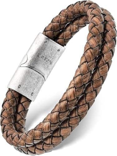 Image of RTZN® Brown Leather Bracelet for Men Premium Artisan Handcrafted Double Strand Braided Mens Bracelet (Small)