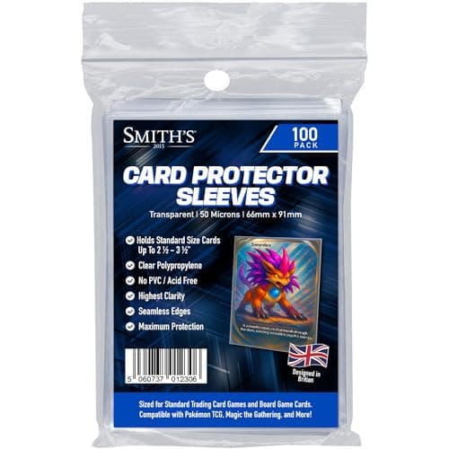 Image of Smith’s® Standard Trading Card Sleeves | 100 Pack | Size: 66x91mm | 50 Micron | Ultra-Clear | Compatible with Pokemon TCG, Magic: The Gathering, Yu-Gi-Oh!, Board & Sports Cards | Acid & PVC-Free