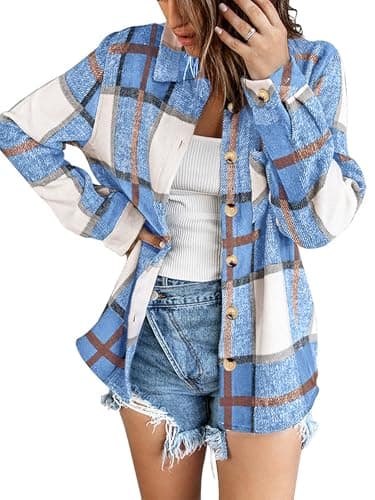Image of Zeagoo Flannel Shirt for Women Long Sleeve Checked Oversized Blouse Collar Button-Down Top with Chest Pocket Basic Shacket Blue XL