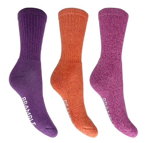 Image of Bramble Ladies - All Terrain Cotton Rich Socks with anti-bacterial odour control | 3 Pairs | U.K. Size 4-7 | Purple/Pink/Orange ladies walking boot socks, cotton rich, outdoor comfort hiking, outdo