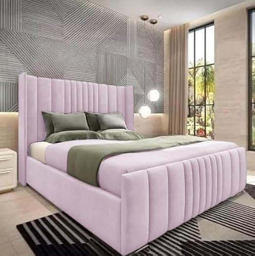 Image of 6FT Super King Wingback Bed Frame With Headboard Upholstered In Pink Plush Velvet Frame Wooden Slats - No Storage - No Mattress (Pink, 6FT Super King Bed Frame)
