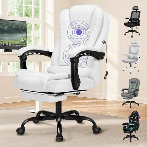 Image of ELFORDSON Home Office Chair with Massage Function, PC Chairs with Footrest for Home Executive Office PU leather Chair, Office Chairs for Office, White