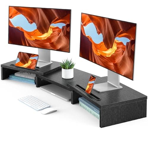 Image of HUANUO Dual Monitor Stand Riser, Adjustable Monitor Stand for Desk with 2 Slot, Desktop Organizer Stand for 2 Monitors, Multi-Purpose Desk Shelf Monitor Stand Riser for Computer, Laptop, PC, Black