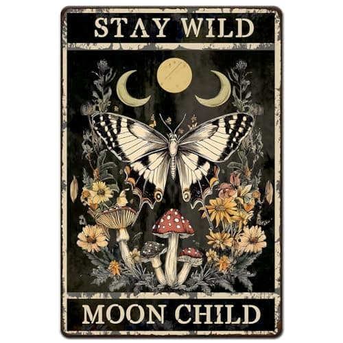Image of Hobbspring 1pc Vintage Metal Tin Sign 20x30cm Retro Iron Butterfly Flower Sign Rusty Look Stay Wild Moon Child Poster for Home Office Kitchen Farmhouse Cafe Garden Wall Decor