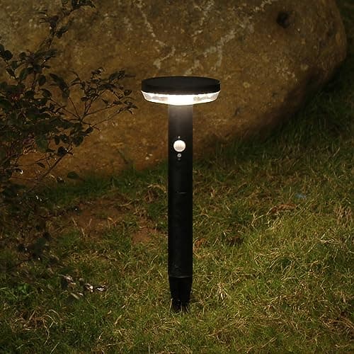 Image of DAWALIGHT Garden Post Lights Solar Powered Waterproof IP44 Waterproof 3 Mode LED Bollard Light 3000k Round Motion Sensor Post Light with Stake for Pathway Driveway Porch Lawn, Stainless Steel, Black