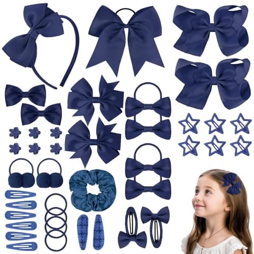 Image of LOPHE 77Pcs Navy Blue Girls School Hair Accessories Kit, Hair Bows Elastic Headbands Hair Clips, Cheer Bows Ponytail Holder Hair Barrettes, Hair Accessories for Girls Christmas Birthday Gift