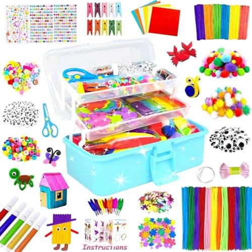 Image of 3000 Arts and Crafts Supplies for Kids Craft Kit All in 3 Layered Craft Box with Pipe Cleaners Crafts for Kids Age 4-6, 6-8, 8-12 DIY School Supplies Materials Set Toys Gifts for Girls Boys, Blue