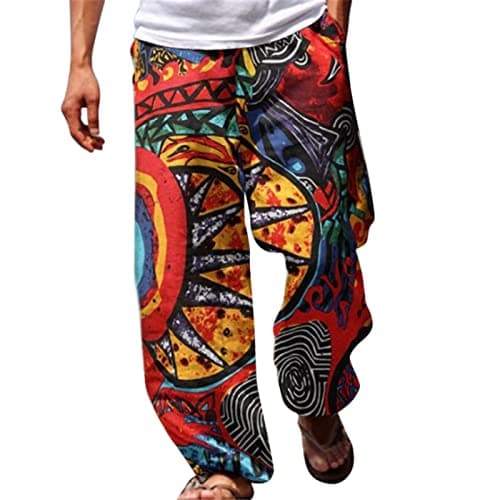Image of Men Beach Trousers, Elastic Drawstring Waist Novelty Print Long Pants, Light Summer Hawaii Pants, Loose Fit Straight Leg Yoga Trousers, Mens Wrinkle Free Beach Slacks Harem Pants with Pockets Red