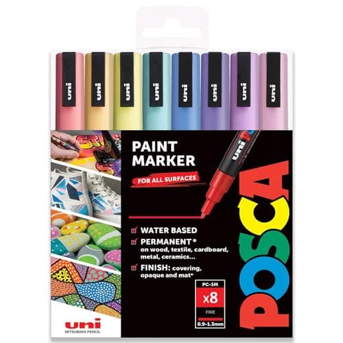 Image of Posca Water Based Permanent Marker Paint Pen - Multi Surface Use - PC-3M 0.9-1.3mm Fine - Set of 8 Pens in Plastic Wallet - Pastel Tones