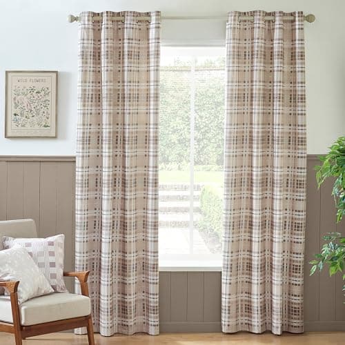Image of Catherine Lansfield Cullen Thermal Check Brushed Cotton 66x54 Inch Eyelet Curtains Two Panels Natural