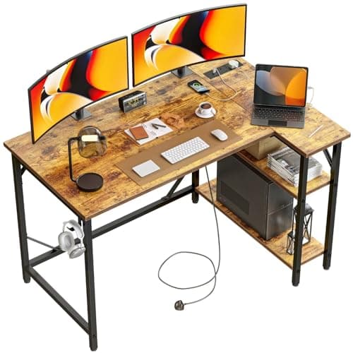 Image of DOMSHOCT 120 * 70cm Corner Computer Desk with Power Outlets, Small L Shaped Gaming Table with Large Reversible Storage Shelves, Home Office PC Workstation with Hooks for Writing Study, Rustic Brown
